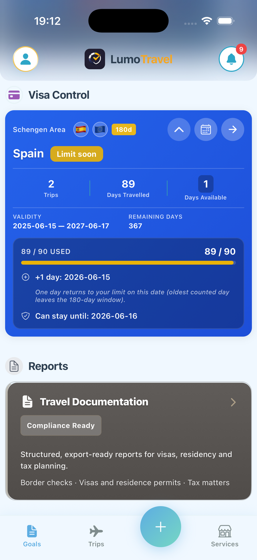 حاسبة شنغن 90/180 من LumoTravel — أيام تأشيرة إسبانيا، اقتراب الحد