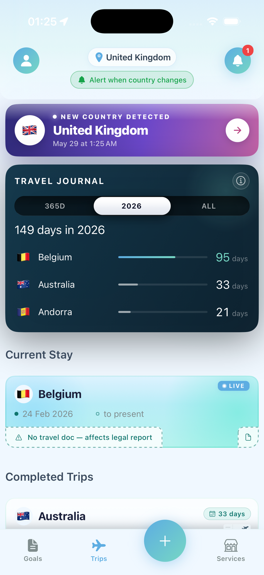 Экран приложения LumoTravel с учётом дней пребывания и статусом комплаенса